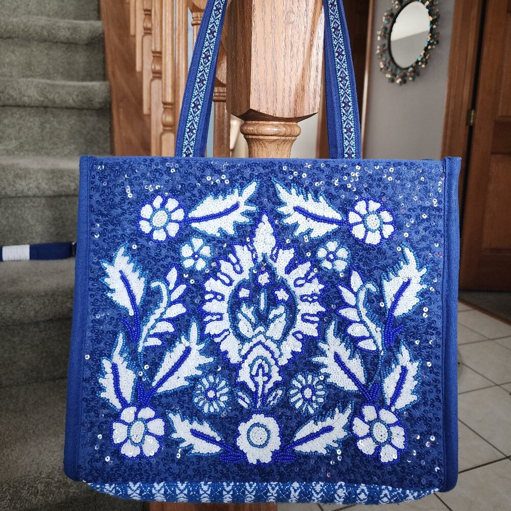 America & Beyond Embellished Shopper with Crossbody Strap Blue